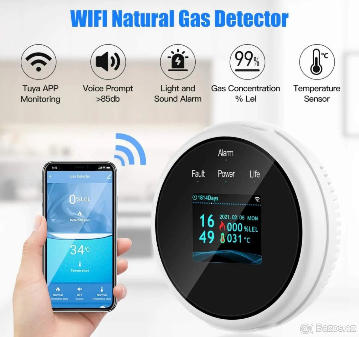 Chytrý WiFi detektor zemního plynu TUYA s LCD displejem