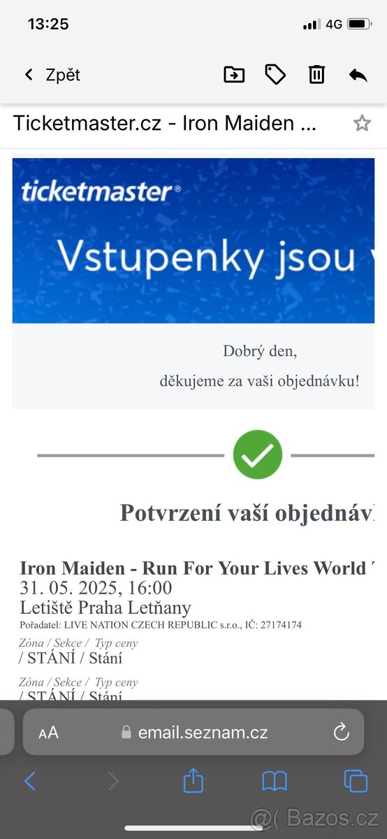 Prodám 2x lístek na IRON MAIDEN - stání