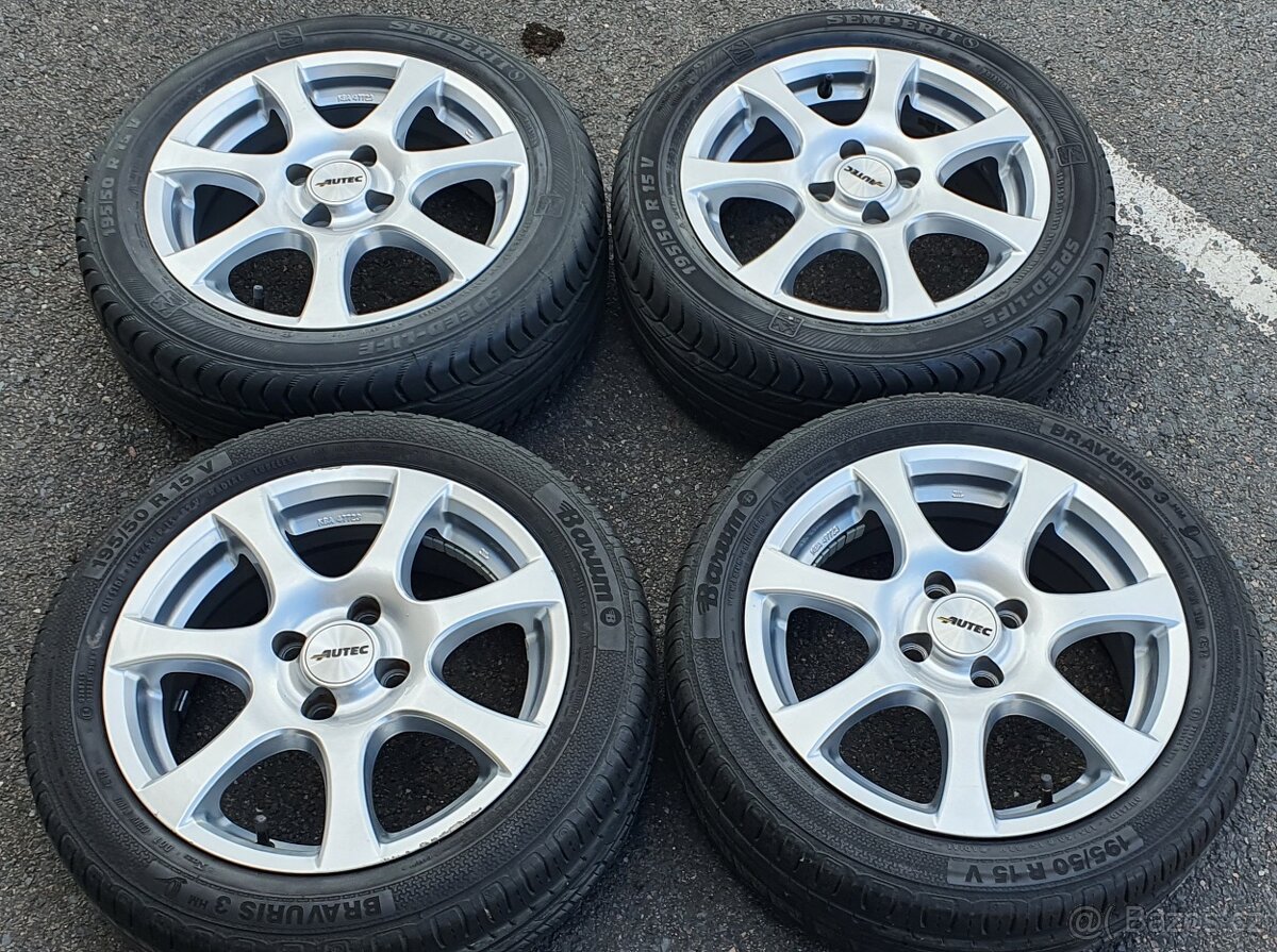 195/50 R15 letní pneu obuté na 15" Alu kola Autec, 4x100