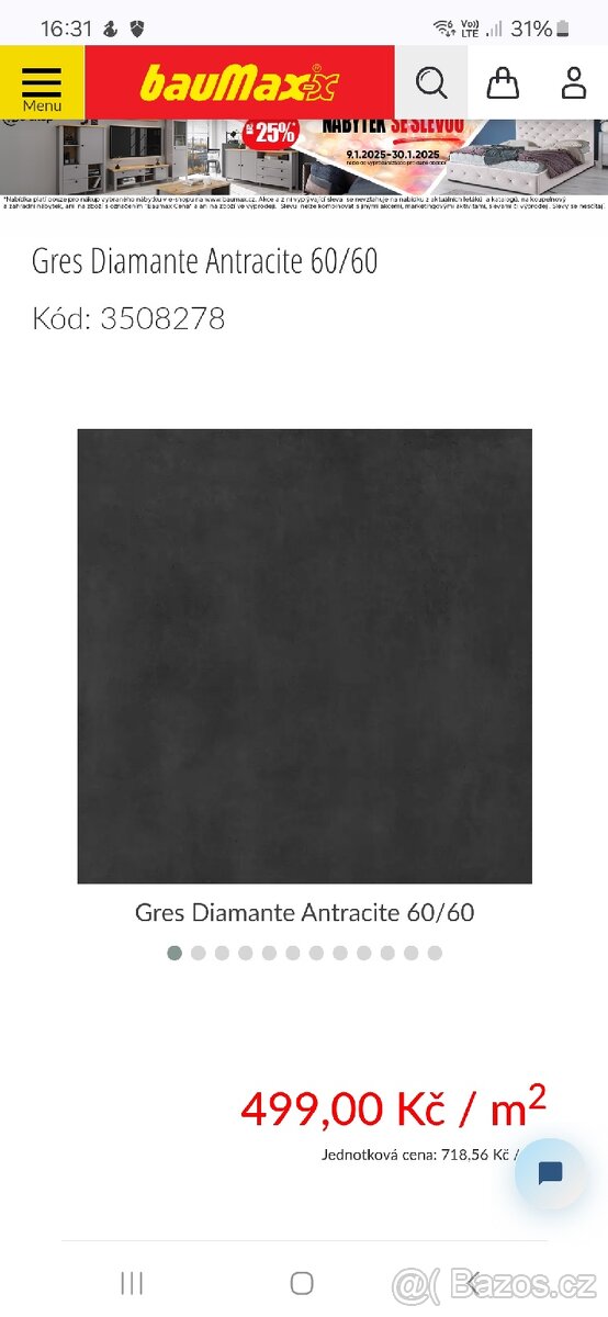 Dlažba Gres diamante antracite 60x60 2,88 m2
