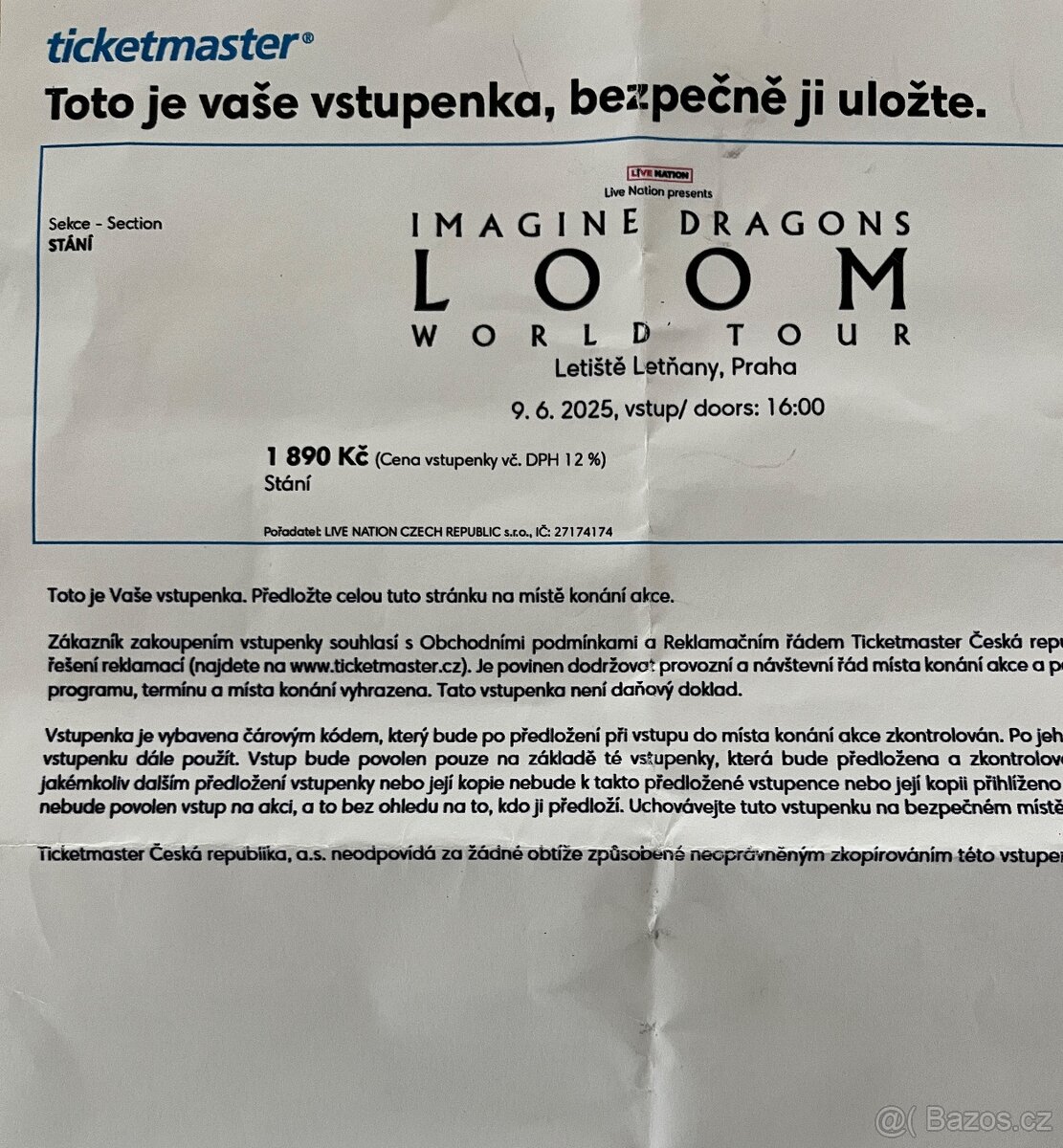 Prodám 3 vstupenky Imagine Dragons