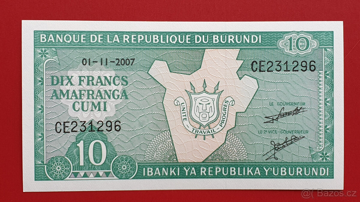 Bankovka BURUNDI 10 Francs rok 1997 stav UNC