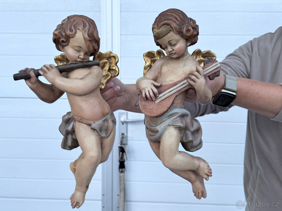 Velké malované sochy Anděl a Andělka dřevo 31,5cm