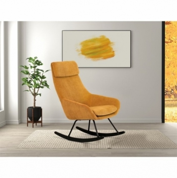 Křeslo houpací potažené žlutou a šedou manšestrovou tkaninou