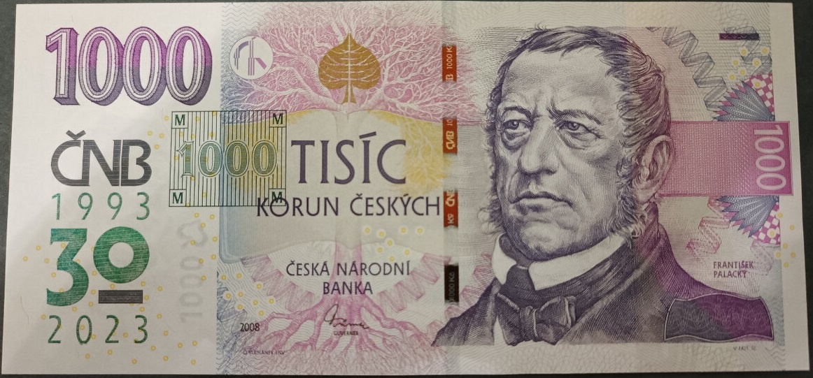 Výroční bankovka 1000 Kč s přítiskem ČNB - 30 let. Top stav.