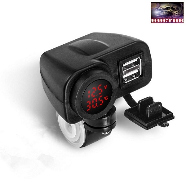 12V moto nabíječka,2xUSB,vypínač,voltmetr + teploměr.