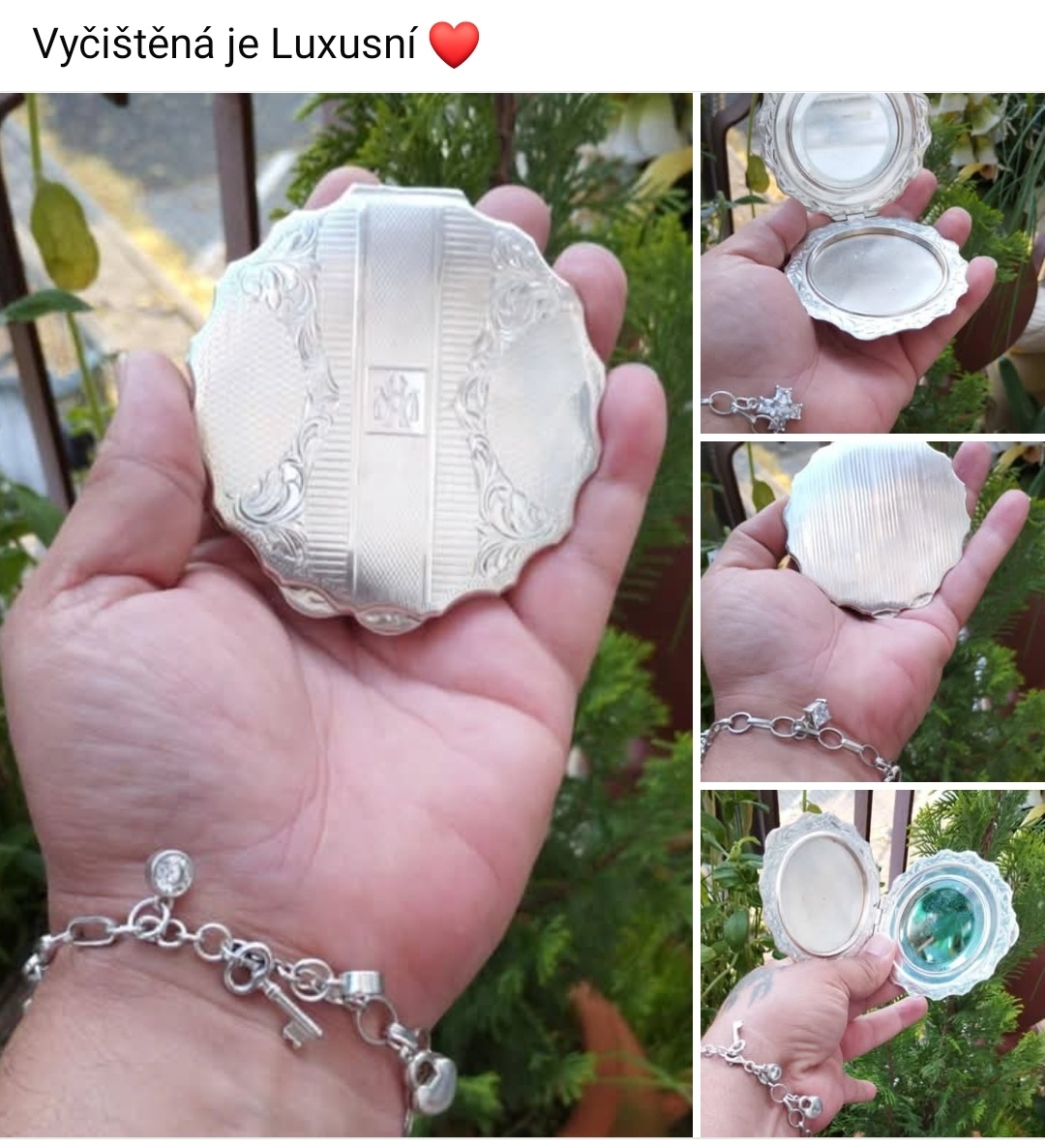 Starožitná stříbrná pudřenka 8.5 cm průměr. Váha 88.2 gramů.
