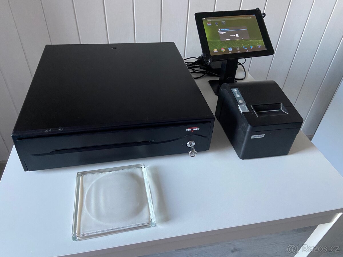 Pokladní set - kasa, tiskárna, držák a tablet, mincovník