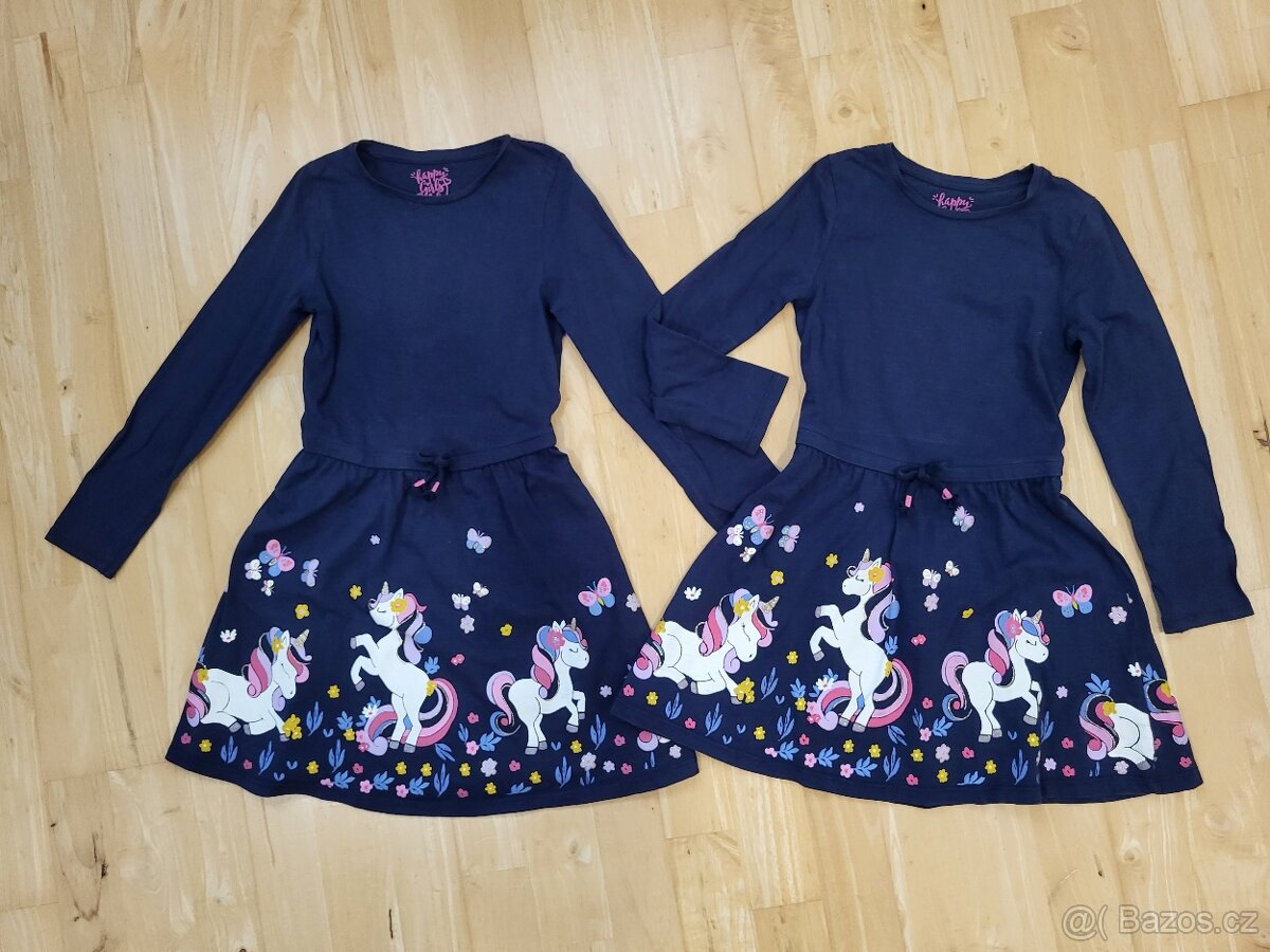 Dívčí modré šaty s jednorožcem velikost 122 a 128