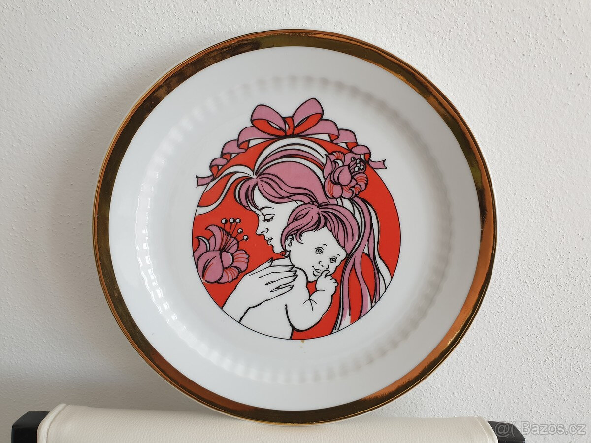 Starožitný porcelánový talíř Matka a děťátko