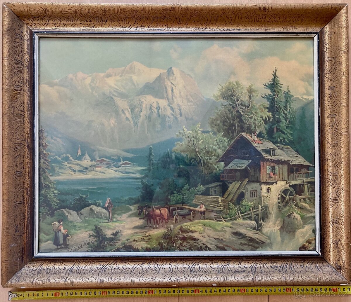 Antik obraz – Alpská krajina s mlýnem – E. Oertel Mohr