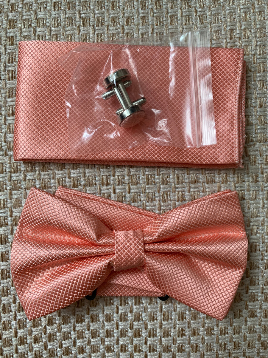 Pánský set motýlek+kapesníček, Losos/zlatý/orange/fialový