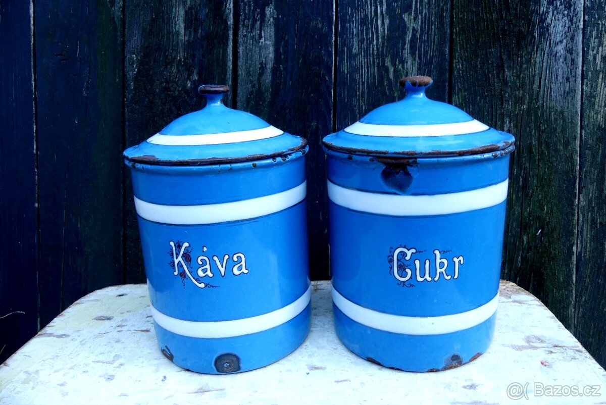 Cukr a káva, smaltované dózy s víkem, modrý smalt