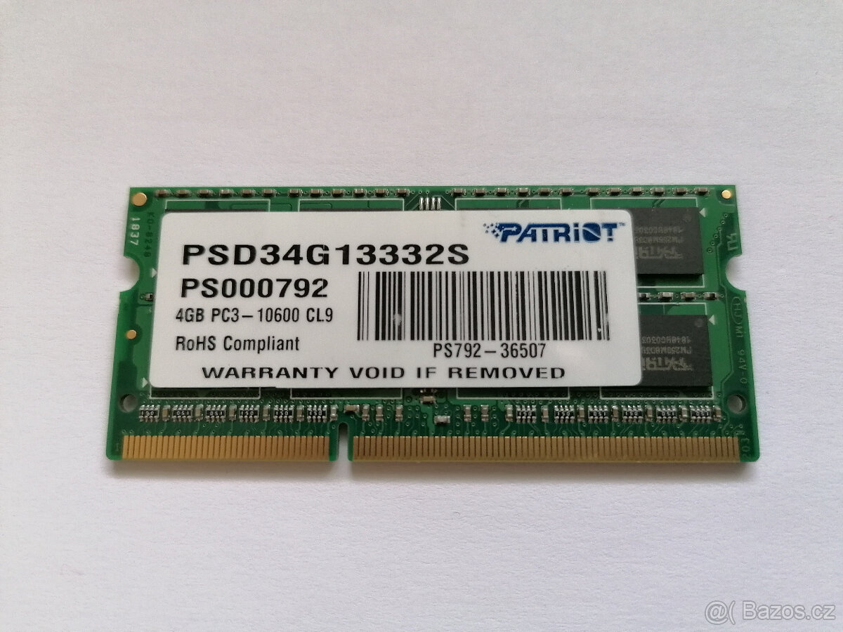 4GB Patriot DDR3 PC3 10600 CL9 SODIMM pro notebook notebooky