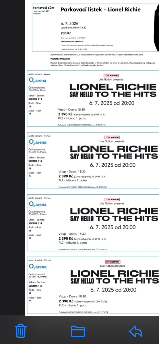 Prodej 4 vstupenek na Lionel Richie 6.7. Praha