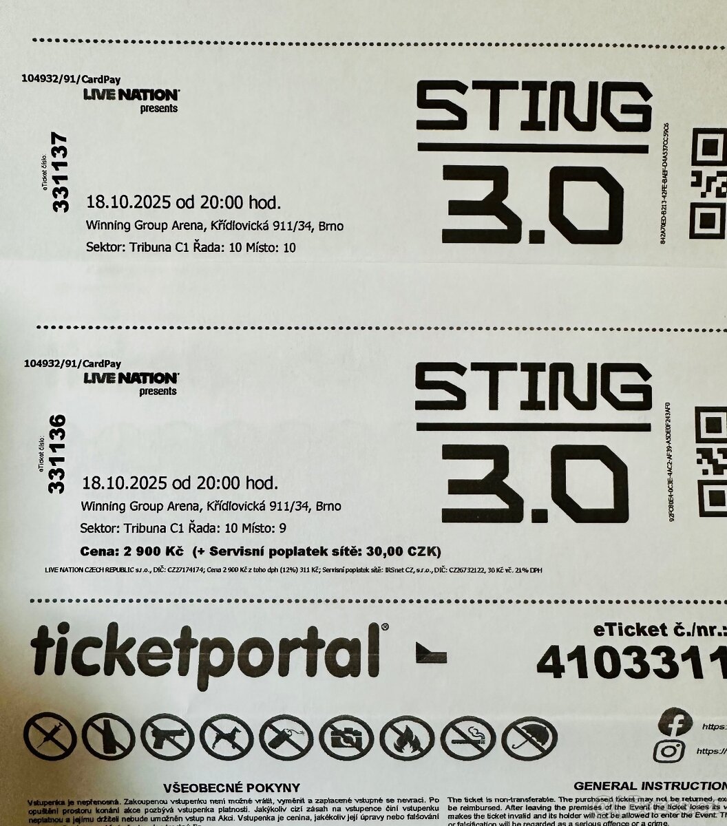 PRODÁM 2ks vstupenka na STING - Brno 18.10.2025