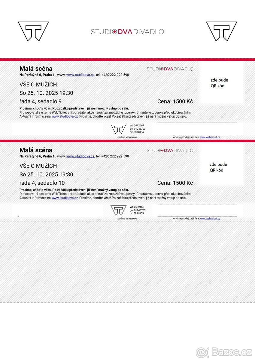 2 x VIP vstupenka VŠE O MUŽÍCH 25.10. Praha Studio DVA