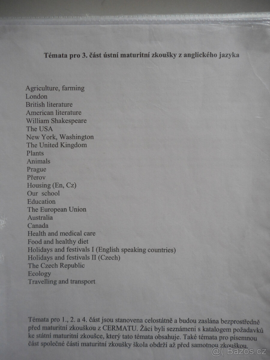 Maturitní otázky do AJ (anglický jazyk), ústní maturita