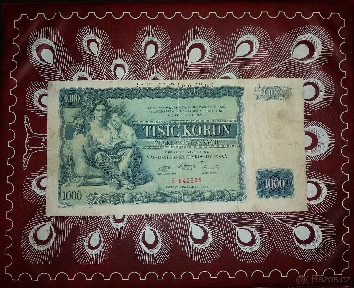 1000 korun 1934 obrovská bankovka 200x105mm, vyhledávaná a ž