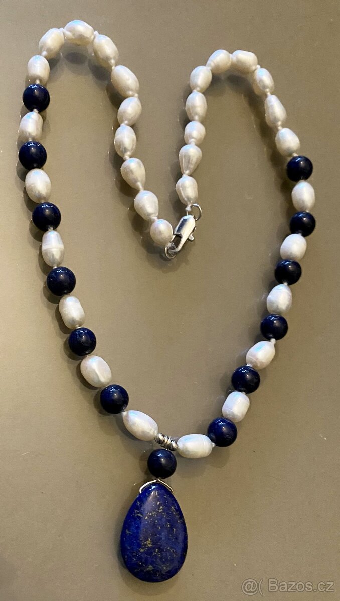 Náhrdelník z pravých perel 7-8 mm a lapis lazuli