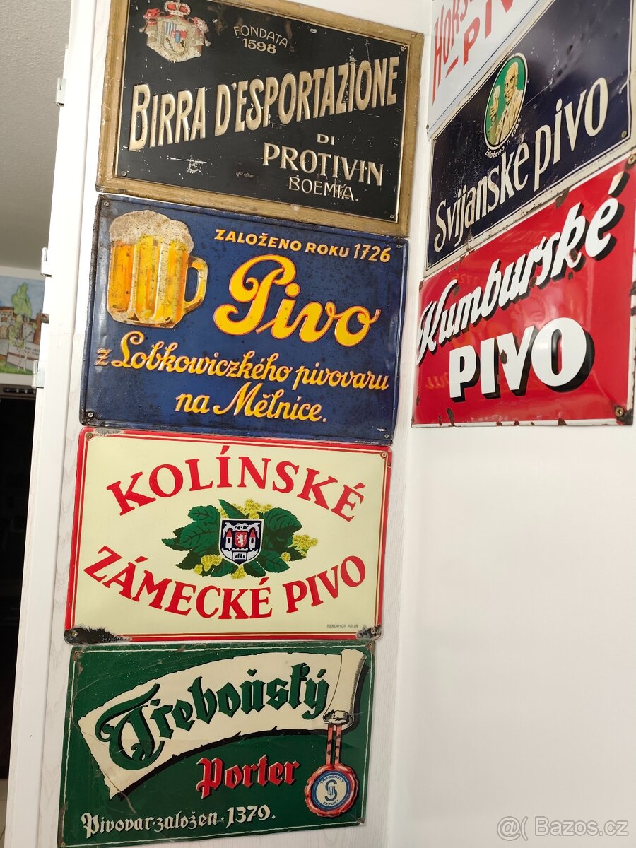 Pivní sklo, půllitry, třetinky, pivovarské cedule.