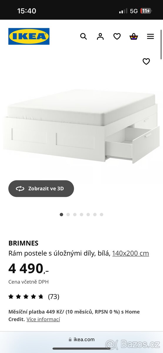 Manželská postel BRIMNES včetně rostu a matraci IKEA 140x20