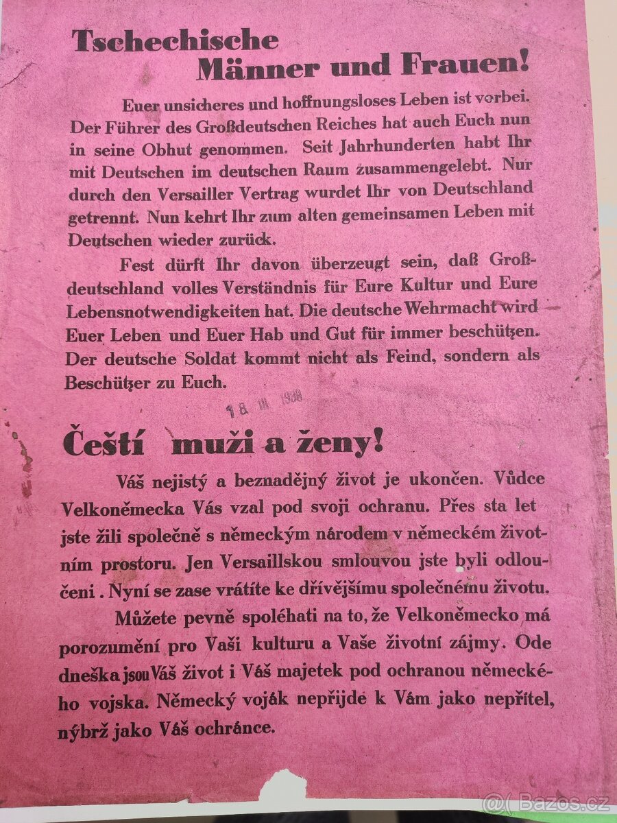 Vyhláška Protektorát-Čeští muži a ženy 18.3.1939 po obsazení