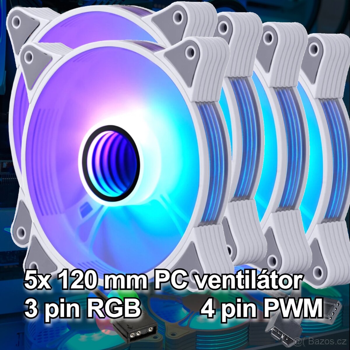 Bílé RGB PC větráčky ventilátory 120mm 5V 3 pin aRGB, PWM 5x
