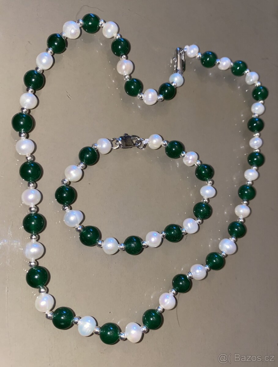 Náhrdelník, náramek z pravých perel 7-8 mm jadeity