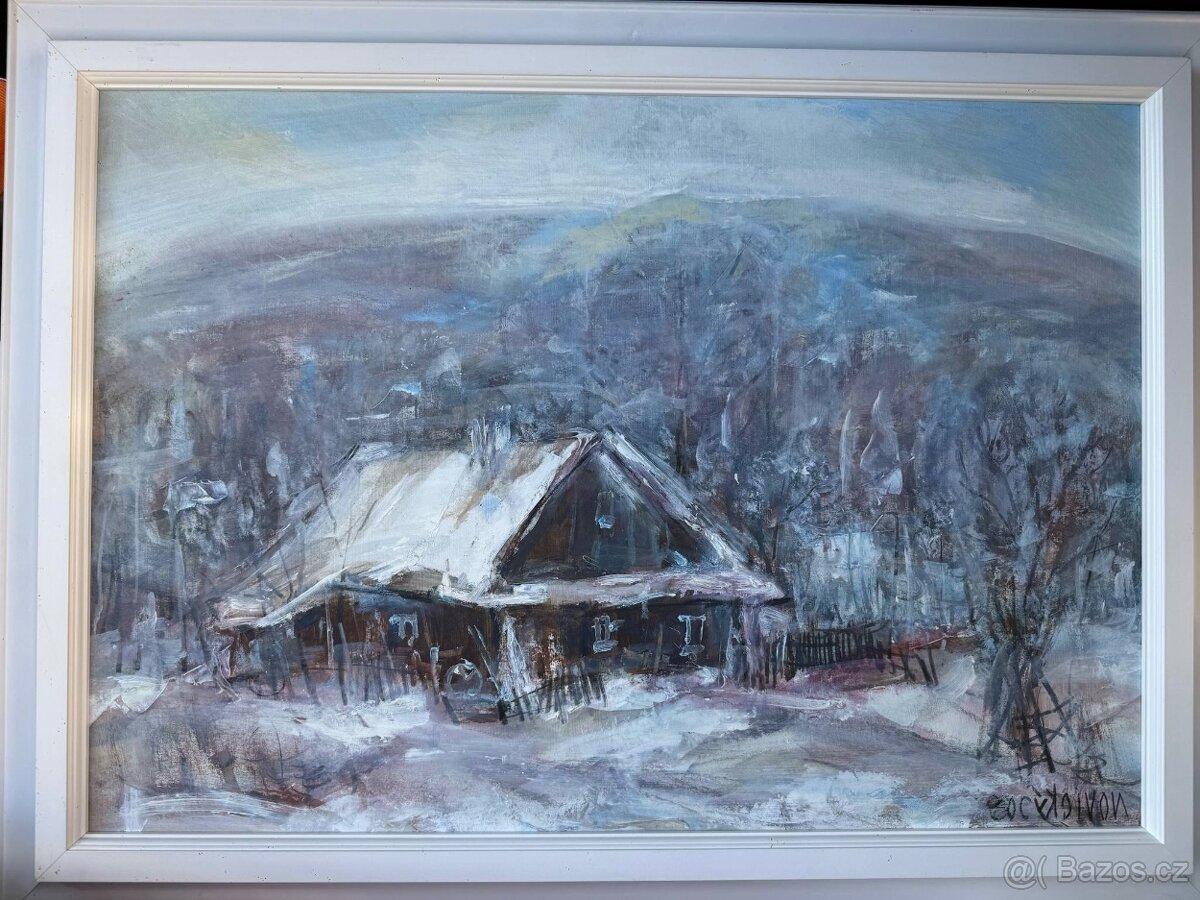 Olej malba - Josef Novický - Zasněžená Chalupa