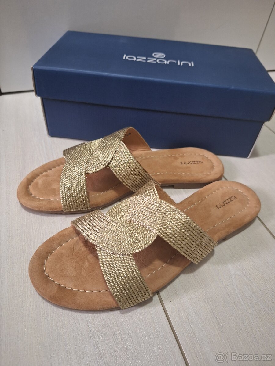 Nove kozene zlate bezove sandalky nazouvaky Lazzarini