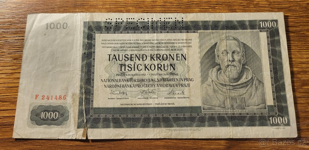 Bankovka 1000 korun z roku 1942, Specimen
