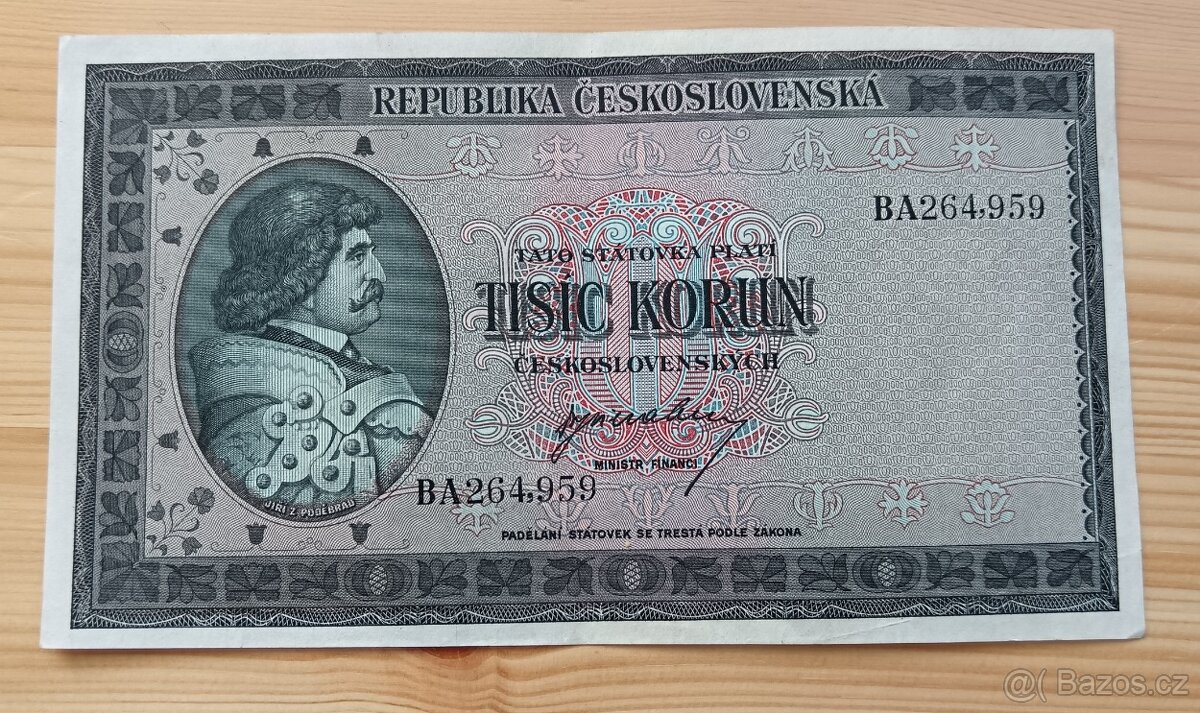 1000kčs bez data (1945) Jiří z Poděbrad Neperforovaná