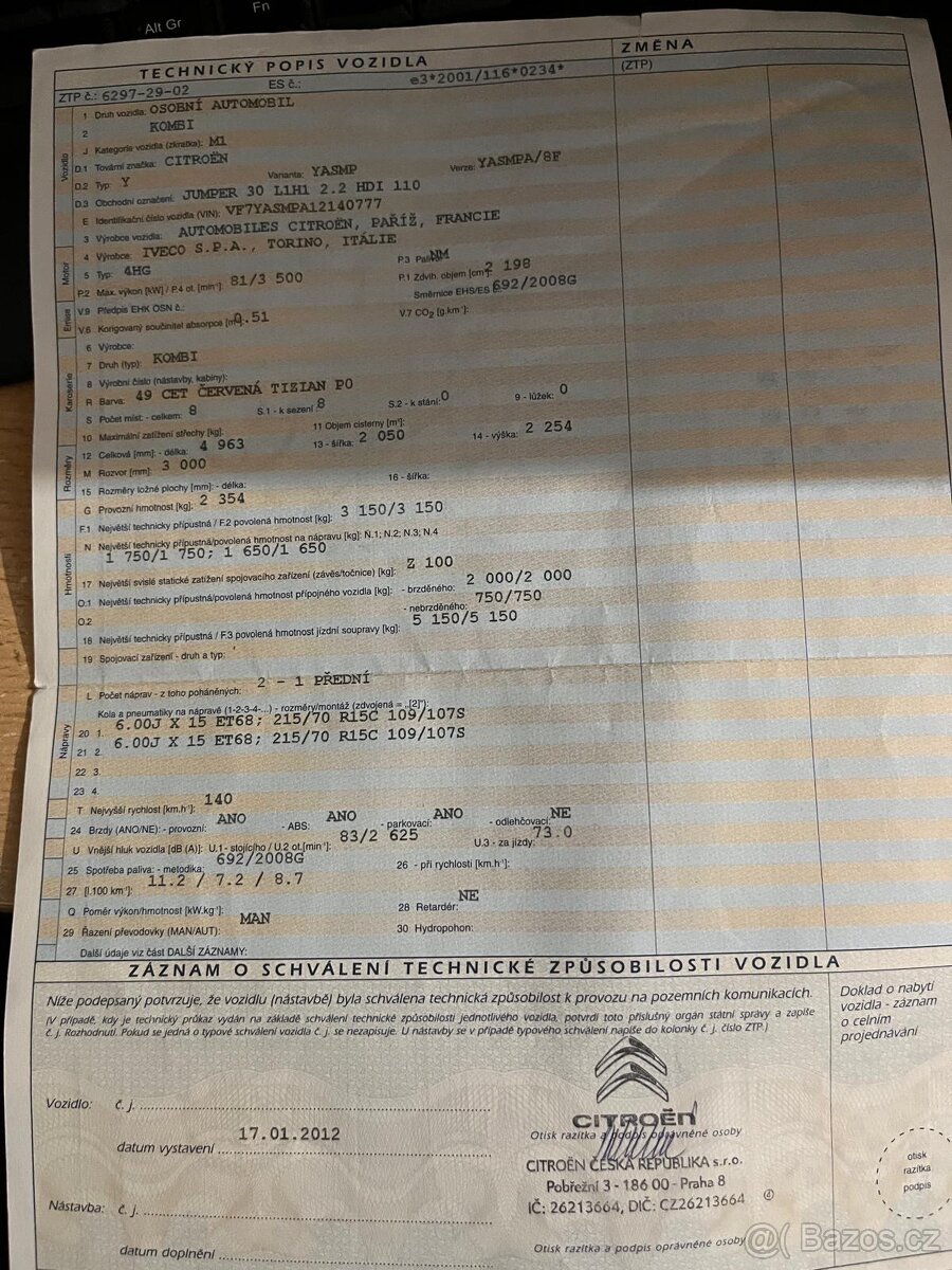 Užitkový vůz Citroen jumper 9míst