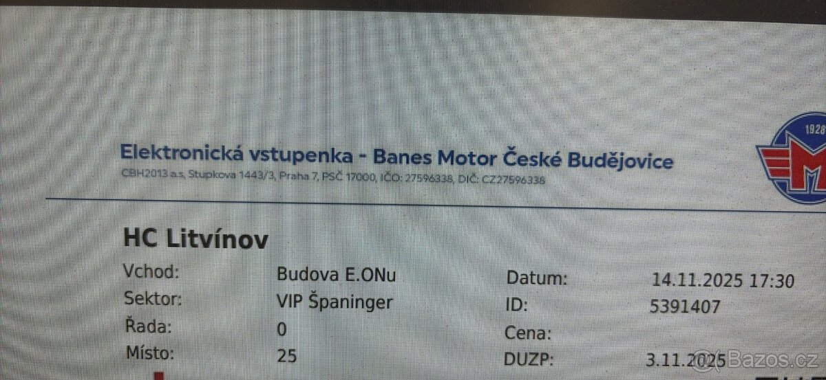 Vstupenky benes motor CB - HC litvinov