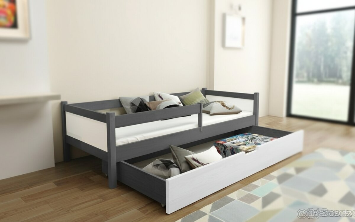 NOVÁ dětská postel BOROVICE grafit + MATRACE + ŠUPLÍK