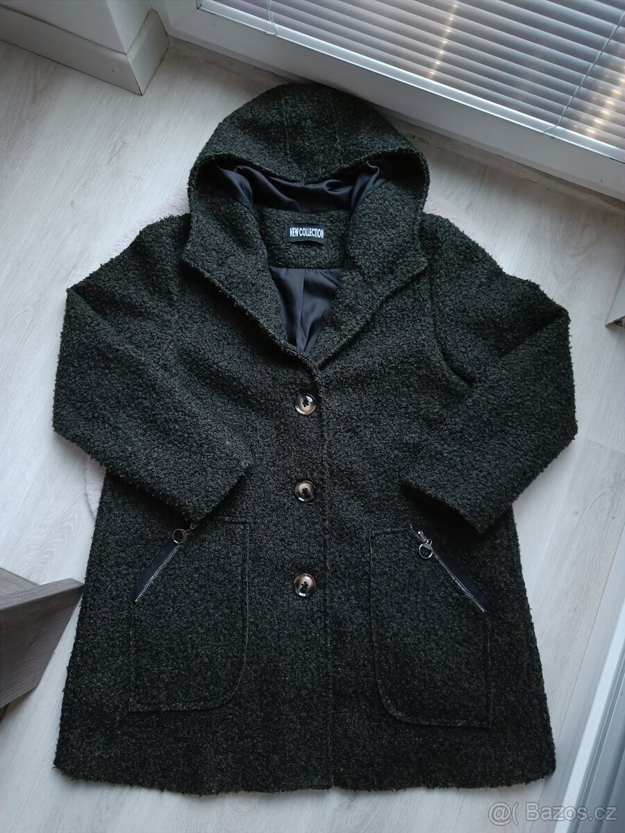 Dámský zelený zimní kabát s vlnou a kapucí, vel. L/XL