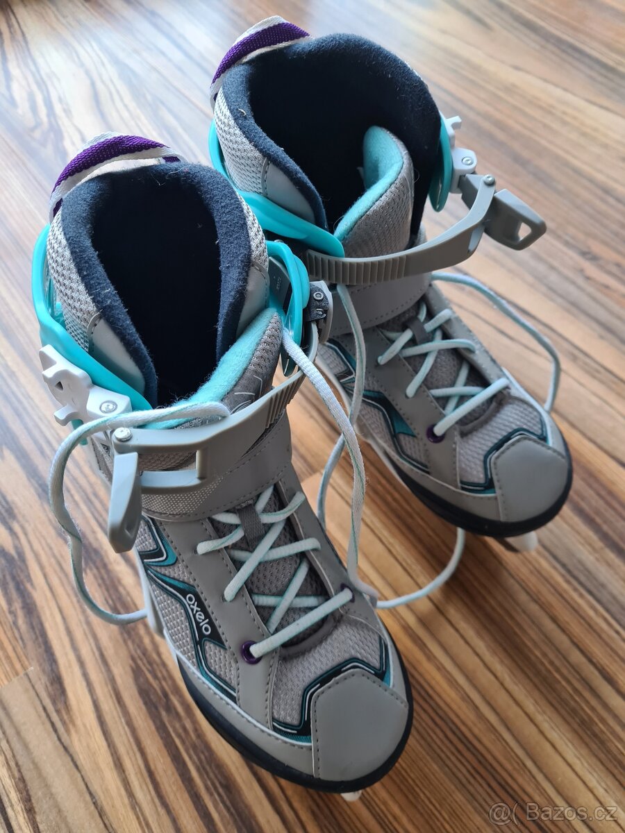Dětské/dívčí lední brusle OXELO FIT 100 ŠEDO-TYRKYSOVÉ 35-38
