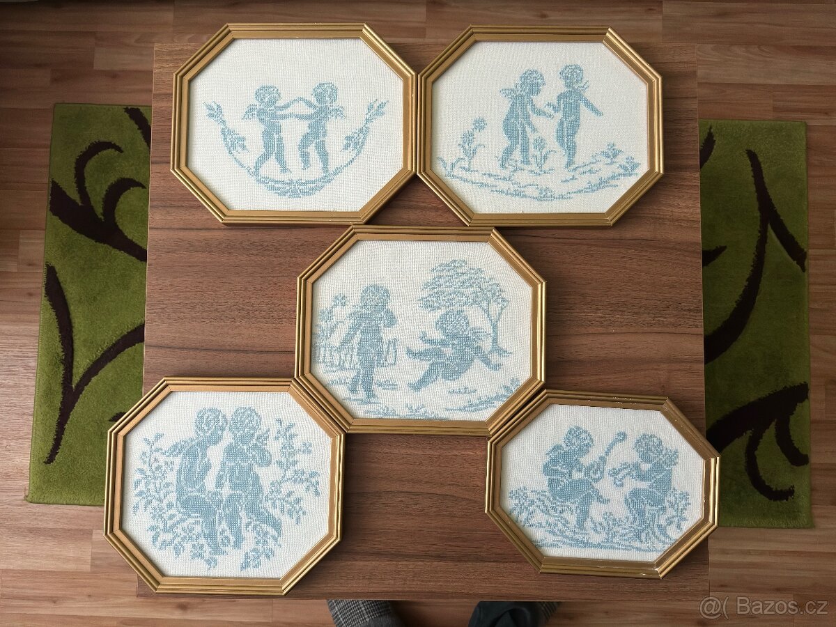 5x vyšívané obrázky (ruční práce), křížková výšivka