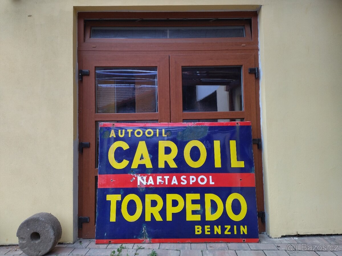 Stará smaltovaná cedule - CAROIL TORPEDO BENZIN