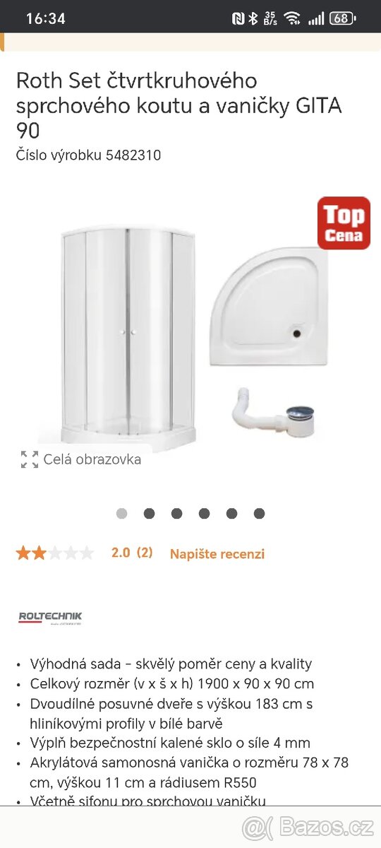 čtvrtkruhový sprchovy koutu s vaničkou GITA 90-nerozbaleny