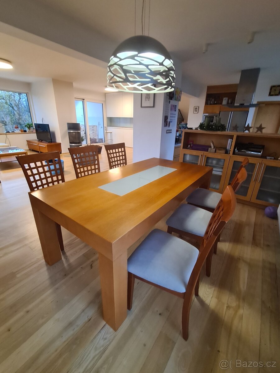 Jidelni stul, 6 židlí, stolek, tv skříňka dýha třešeň