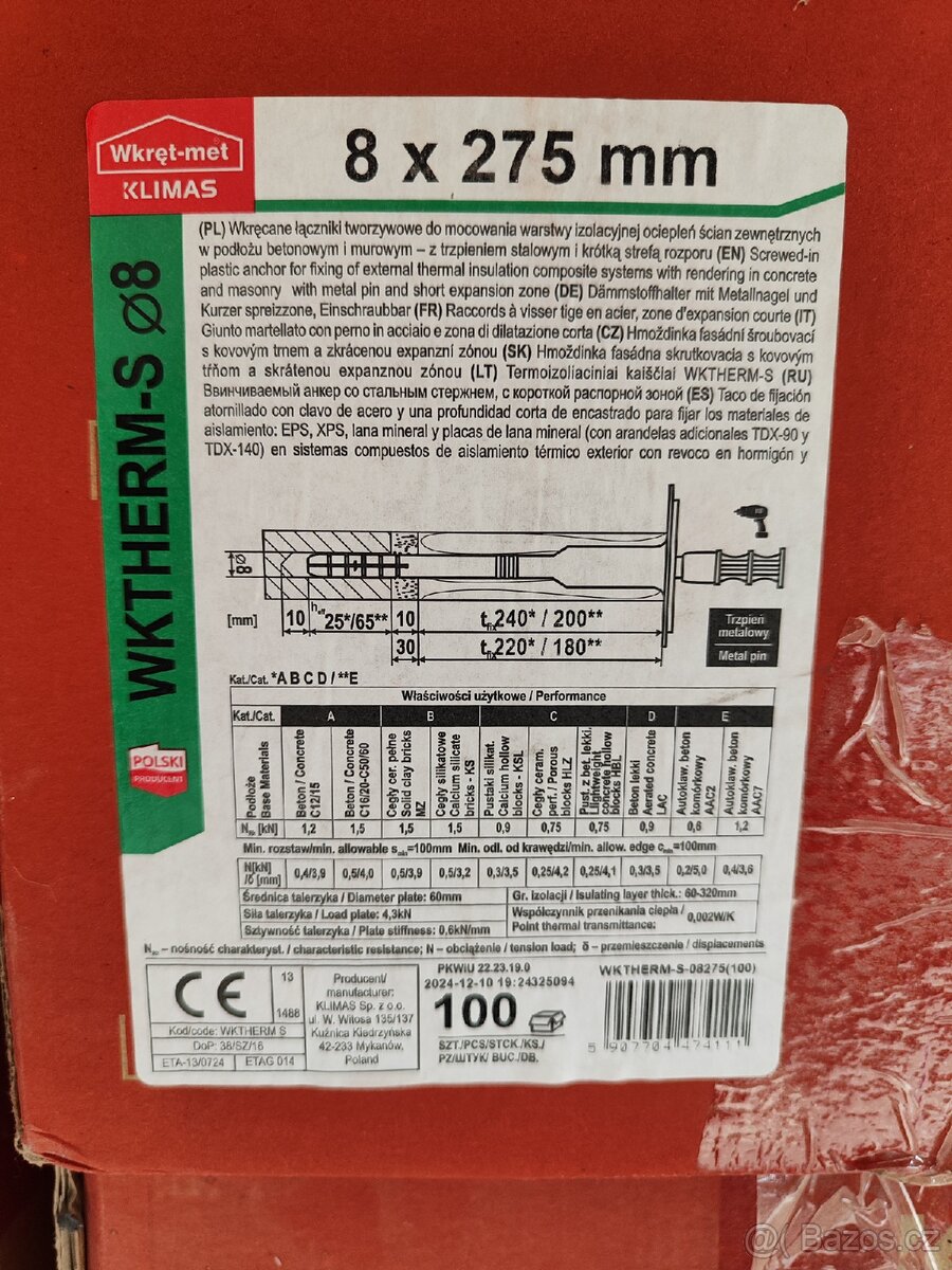 WKTHERM Talířová hmoždinka s kovovým šroubem - 8x275