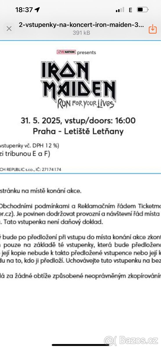 Prodám dva lístky na iron maiden