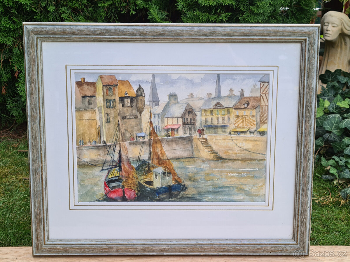Akvarel "Fishing nets at Honfleur", 50x42cm