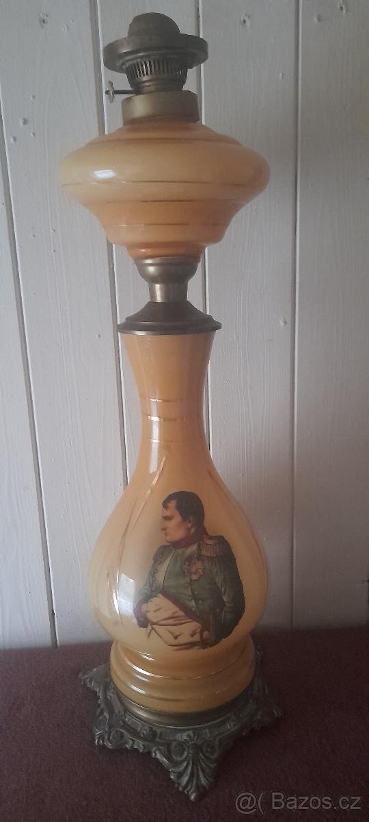 100 LETÁ STAROŽITNÁ BRONZOVO SKLENĚNÁ LAMPA NAPOLEON BONAPAR
