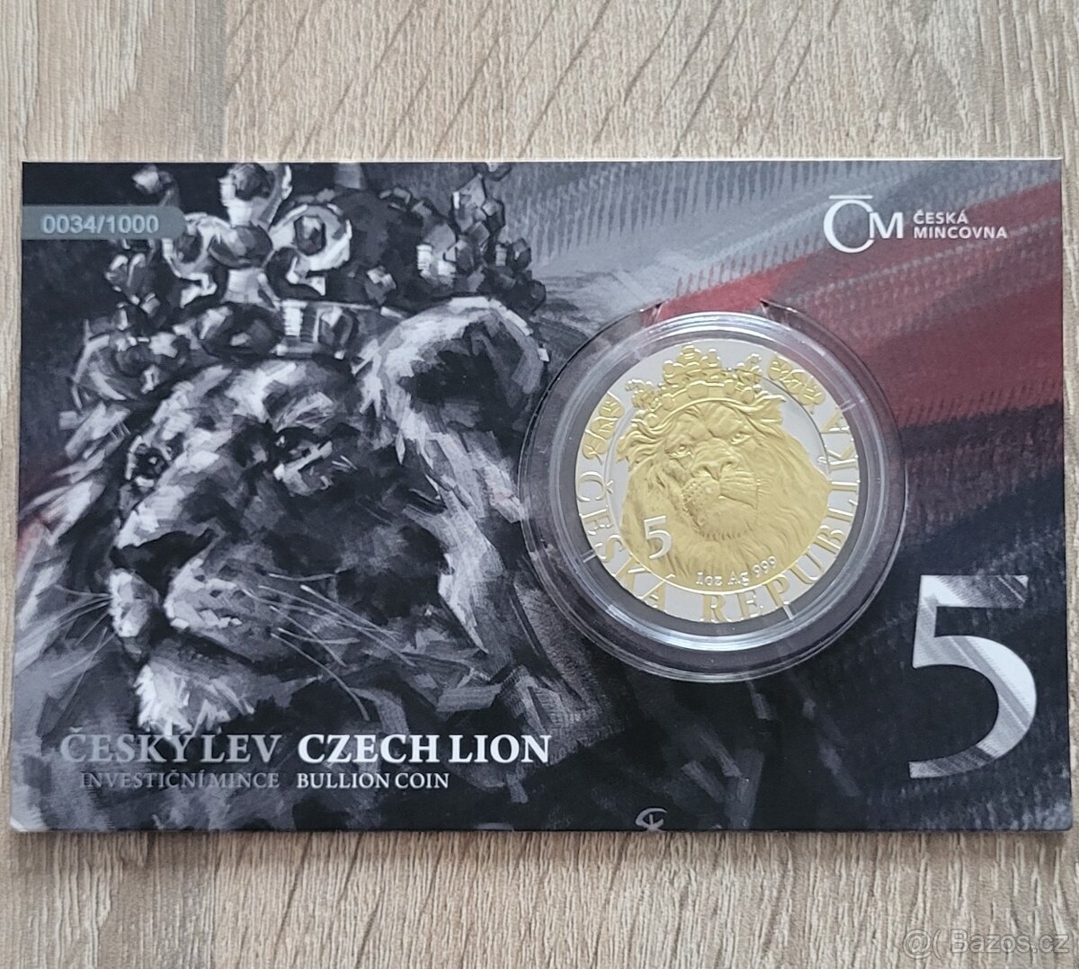 Stříbrná mince Český lev 2022 číslovaná, pozlacená