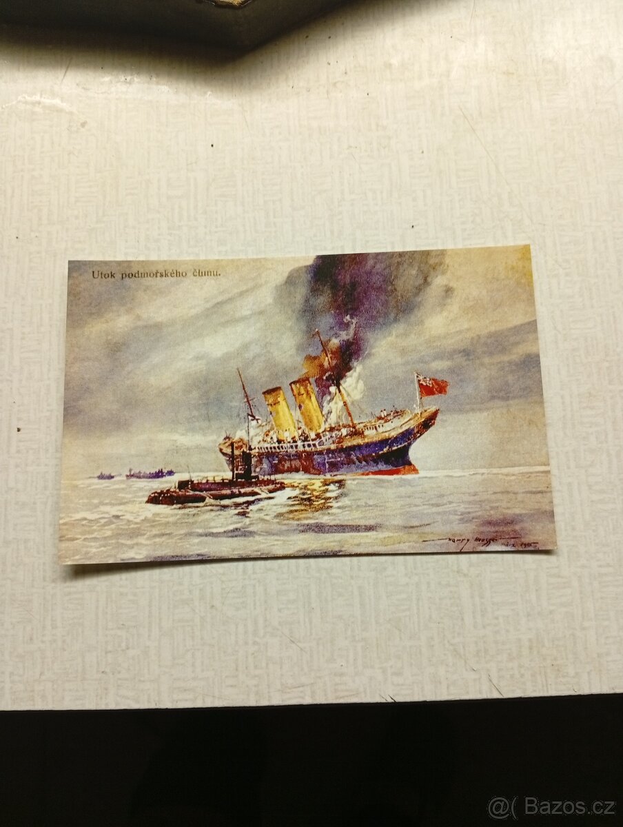 Historická pohlednice: Útok ponorky / Potápějící se loď (1.