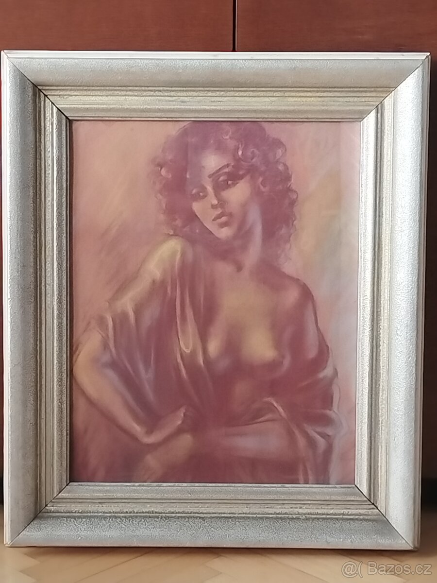 obraz KUDRNATÁ DÍVKA, akt, pastel, nesignováno