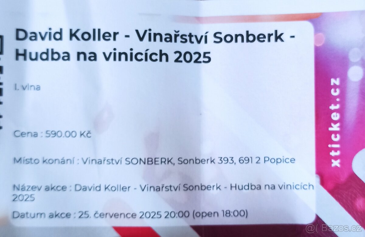 Dvě vstupenky na David Koller - Vinařství Sonberk -Hudba na
